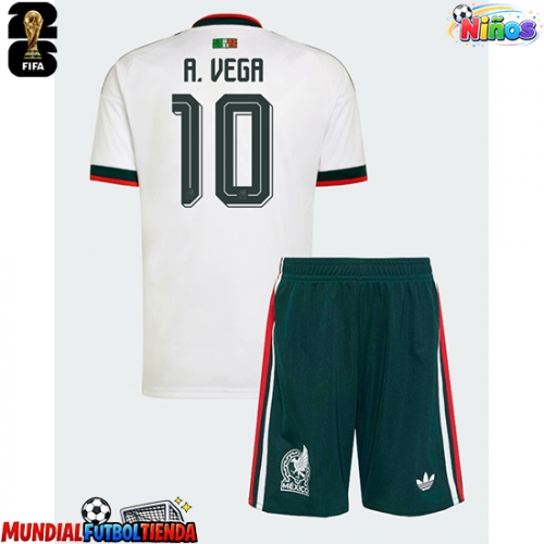 Camiseta México Alexis Vega #10 Segunda Equipación Replica Mundial 2026 para niños mangas cortas (+ Pantalones cortos)
